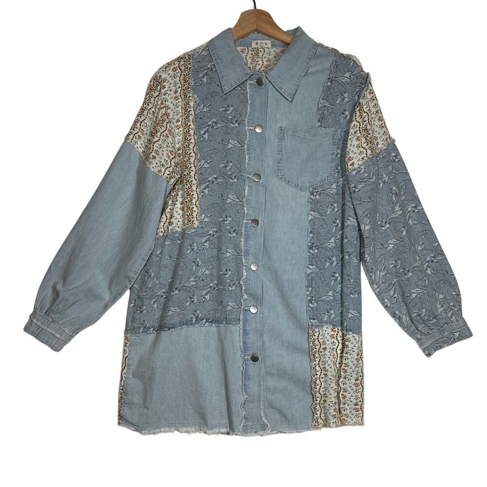 POL Patchwork Exposed Seam Button Up Top Chambray Floral Long Sleeve Boho Sz S